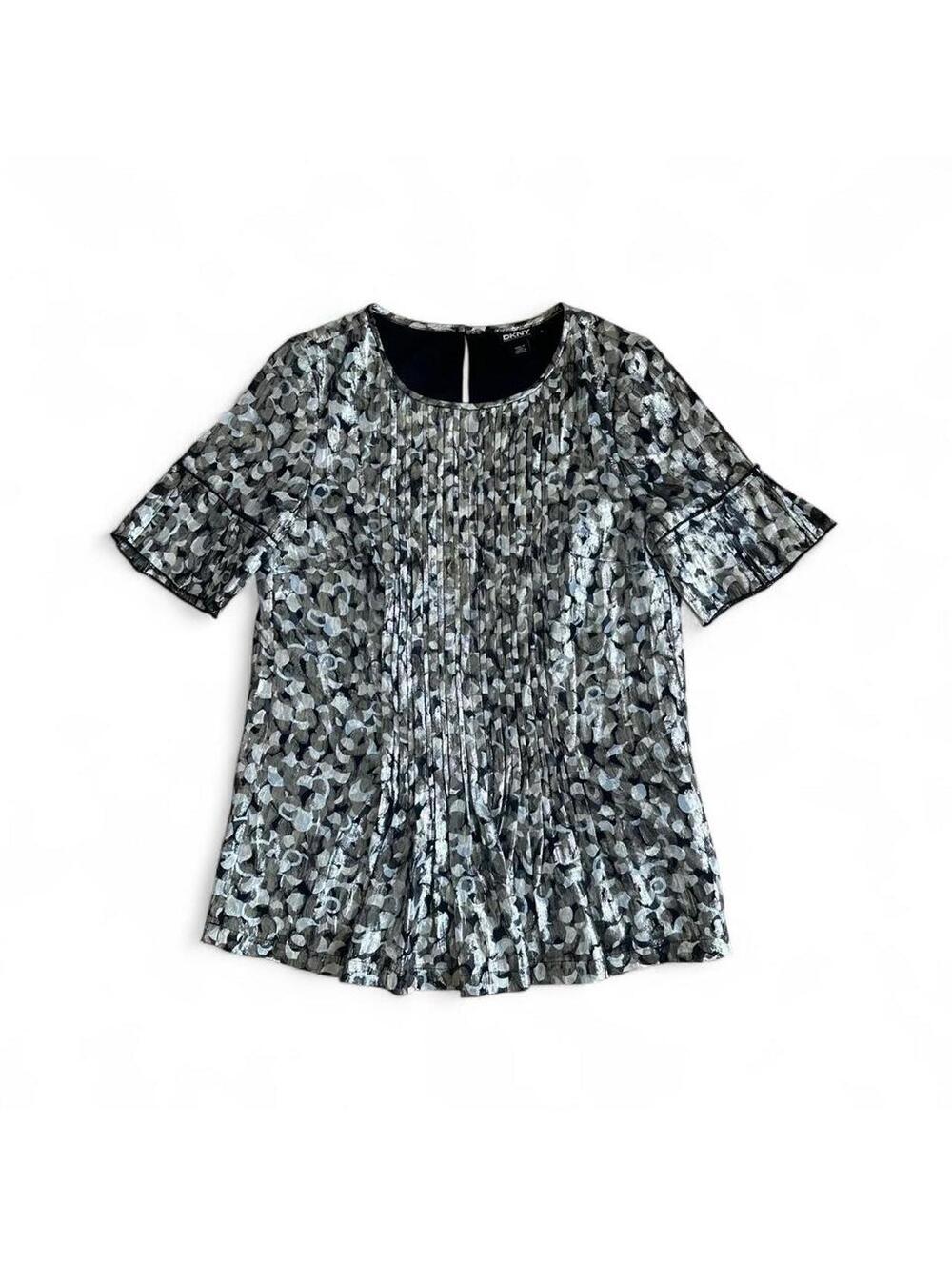 DKNY Y2K Metallic Silk Blend Tunic Top Silver Black Pleated Bell Sleeve Sz 4